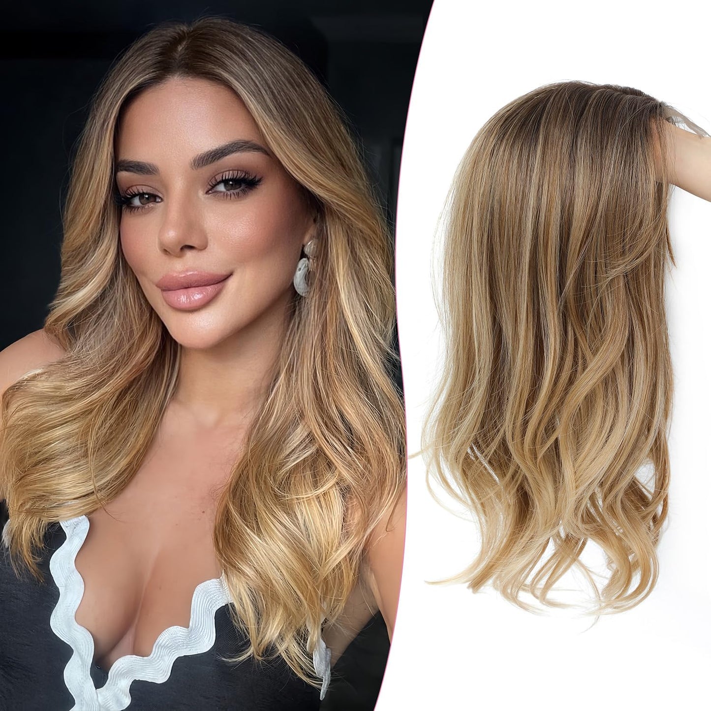 18 Inch Body Wavy Hair Topper for Women - Synthetic Clip-In, Natural Part, Dark Brown Root to Blonde Ombre with Highlights