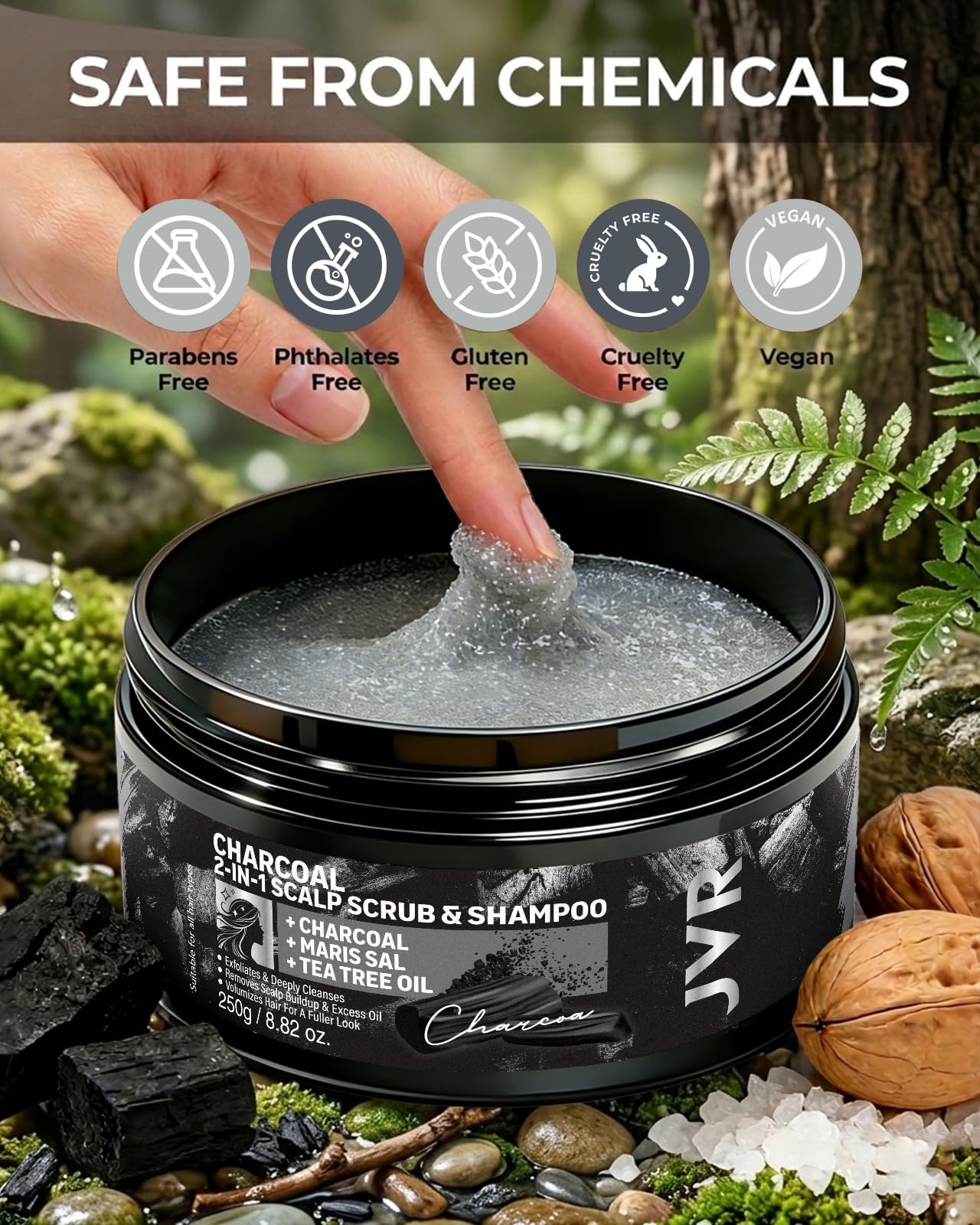 JVR Scalp Scrub Shampoo Charcoal 2-In-1 Scalp Exfoliator to Clarify Build Up, Dexofiy & Purify Cleanser for Shine & Hydration - Sea Salt, Tea Tree Oil, Vegan & Cruelty Free for Dry or Oily Scalp 8.8oz
