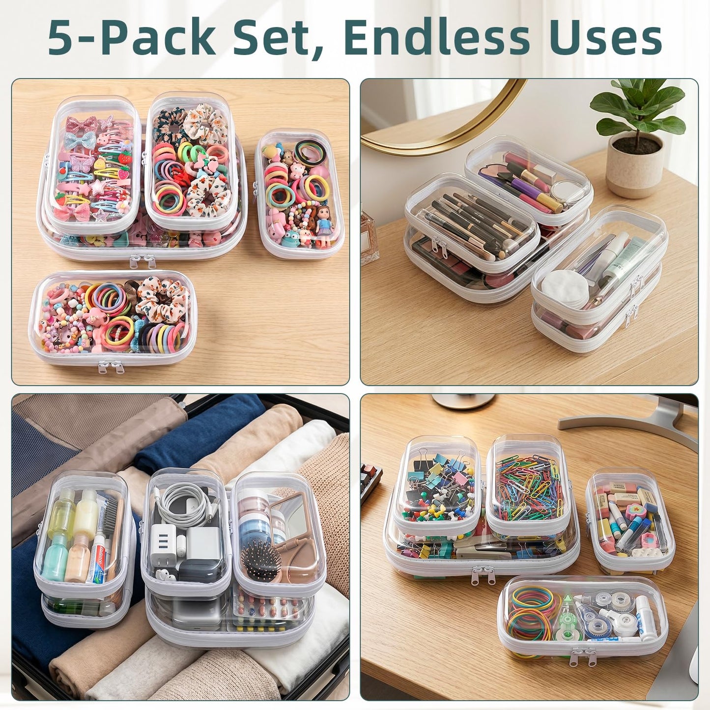 CarryEpic Clear Hard Shell Zipper Cases (5 Packs), Plastic Hard Sided Zippers Pouches Clear Hardshell Pencil Case For Storage, Diaper Bag Organizer Bliss Bins 4*Small/1*Medium