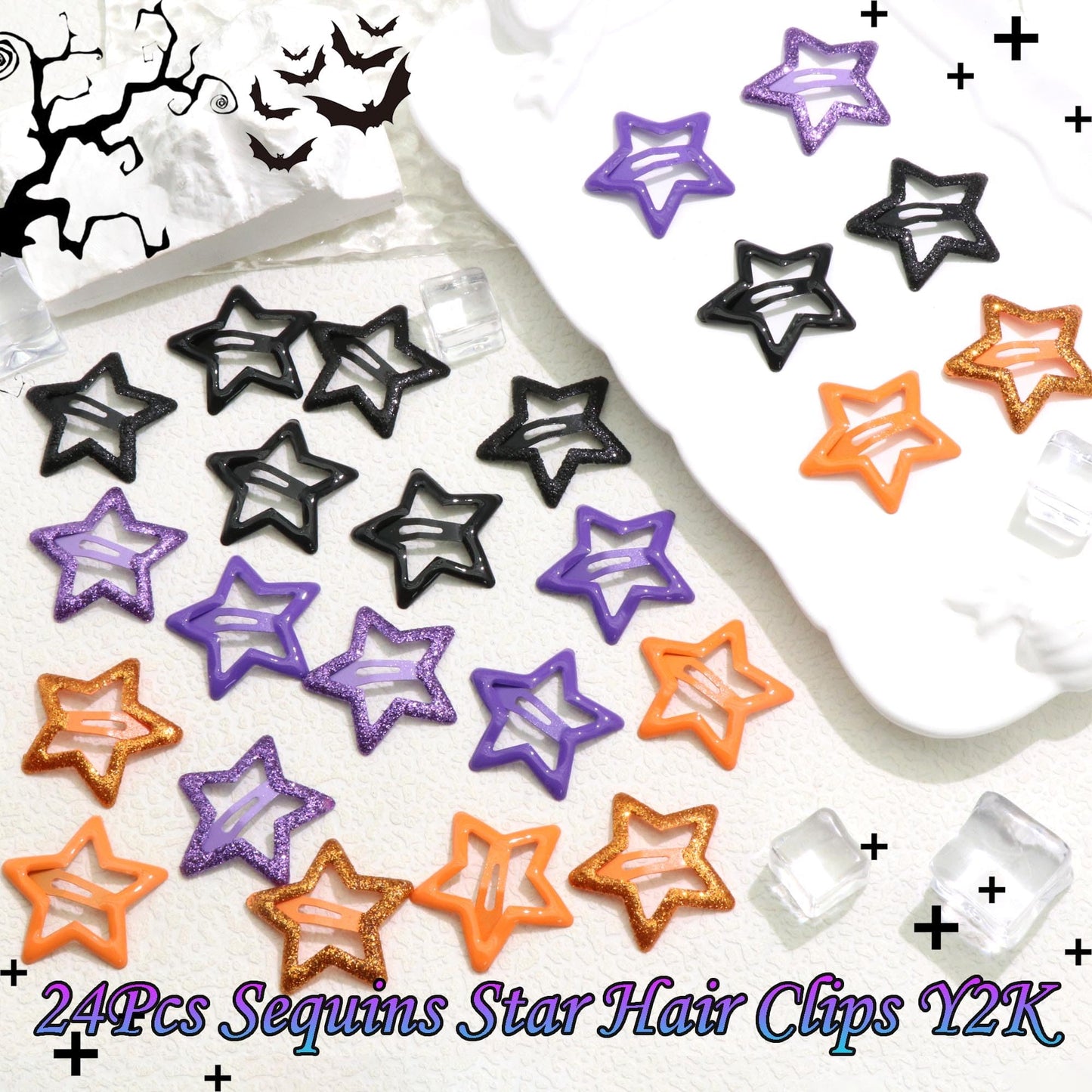 NAISKA 24PCS Halloween Stars Hair Clips Sequins Stars Hair Barrettes Metal Star Snap Clip Y2K Non Slip Clips Halloween Vibe Cute Hair Accessories for Women Girls