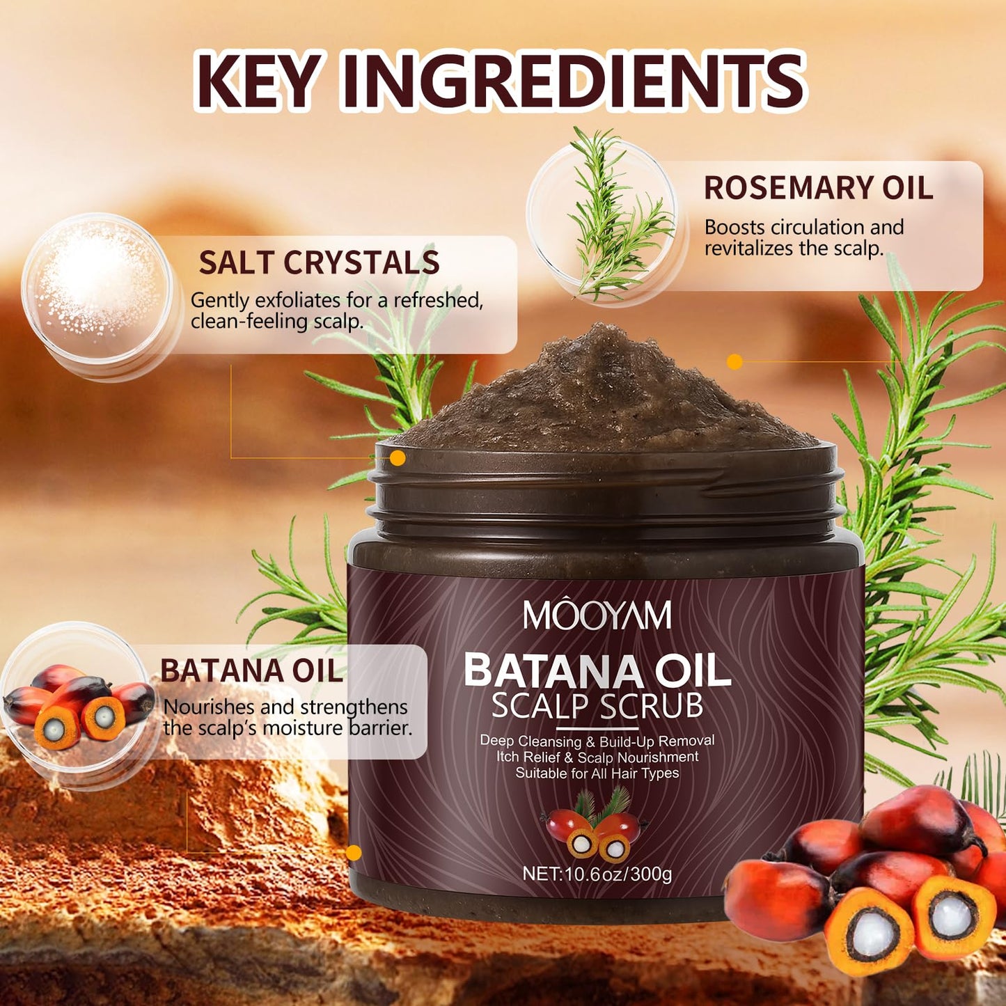 Scalp Scrub with Batana Oil, 2-in-1 Shampoo Scalp Exfoliator for Hair Treatment, Includes Silicone Scalp Massager, Removes Buildup & Dandruff, 10.6oz
