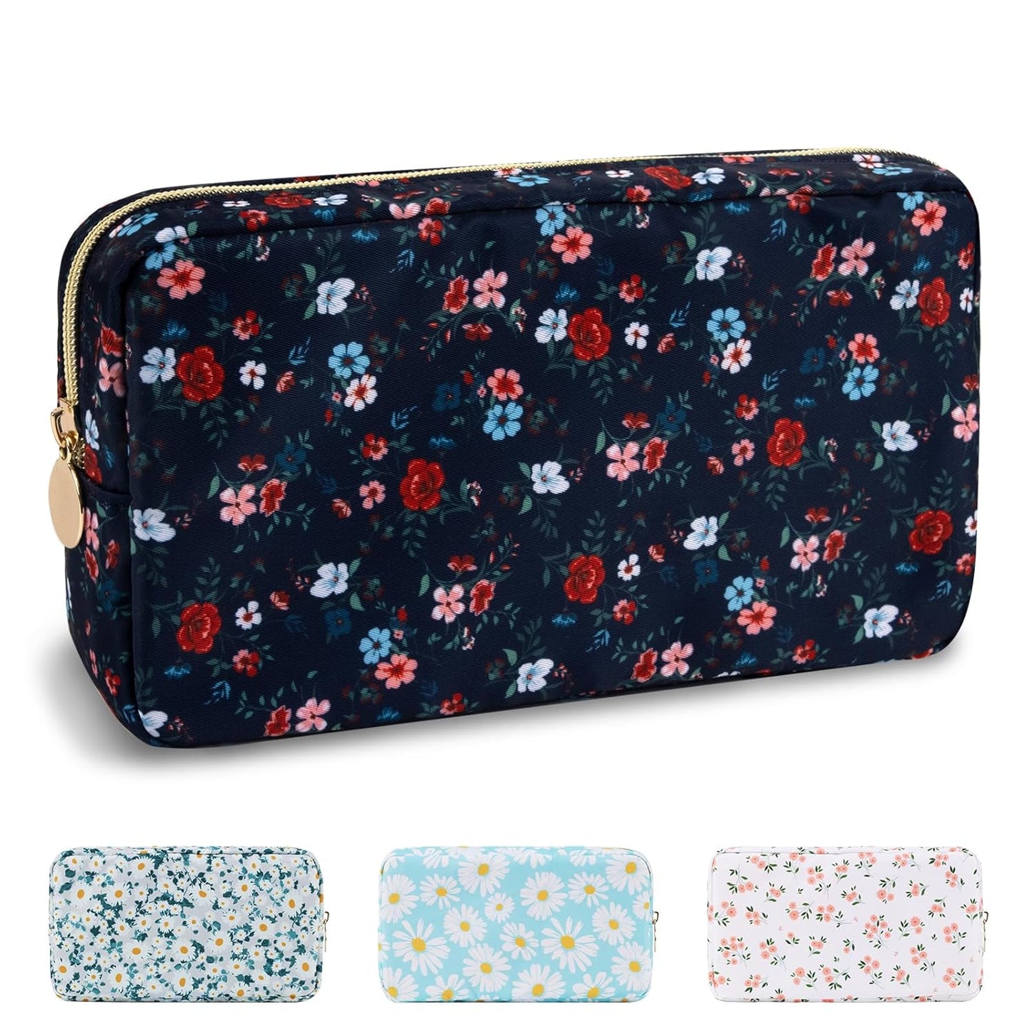 Waterproof Mini Floral Makeup Bag - Nylon Travel Pouch for Women | Cute Zipper Toiletry Organizer (Mini White-Flowers)
