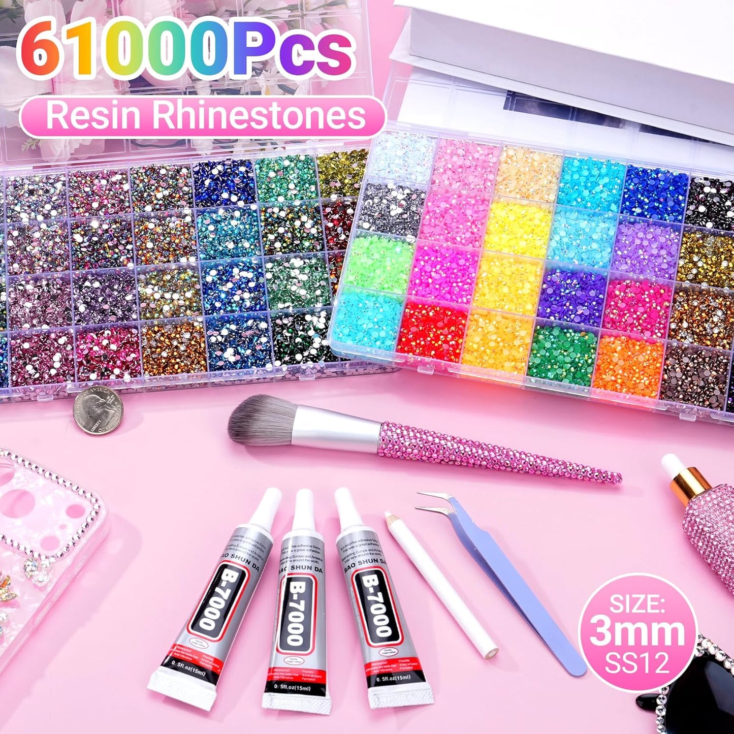 Jelly Rhinestones - 61000 Pcs Multicolor 3mm Flatback Gems for Crafting | Includes 3 Pcs B7000 Jewelry Glue