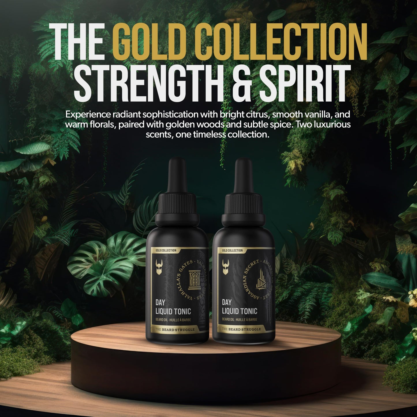 The Beard Struggle - Day Liquid Tonic Beard Oil - Gold Collection, Valhalla's Gates - Beard Oil for Men - Moisturize, Softens Hair, Reduces Itch - Day Time Beard Growth Oil (1 Fl oz)
