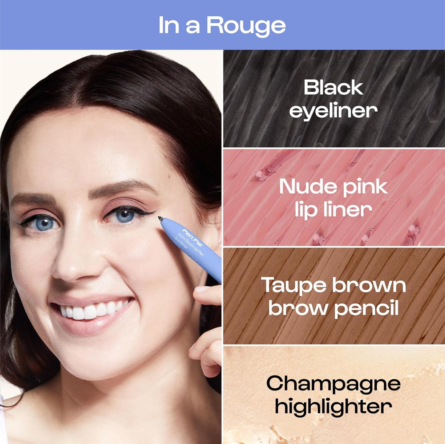 4 in 1 Makeup Pen - All-in-One Eyeliner, Lip Liner, Highlighter & Concealer | Vegan Travel-Friendly Makeup in Rouge Light