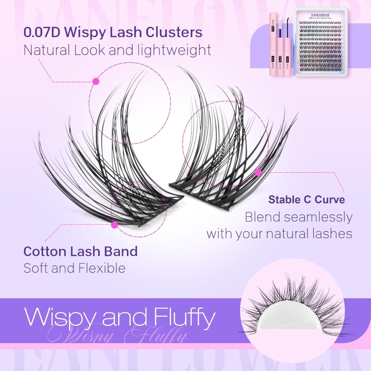 Natural Lash Clusters Kit - Wispy C Curved Eyelash Extensions | 8-16mm Individual Lashes with Bond & Tweezers