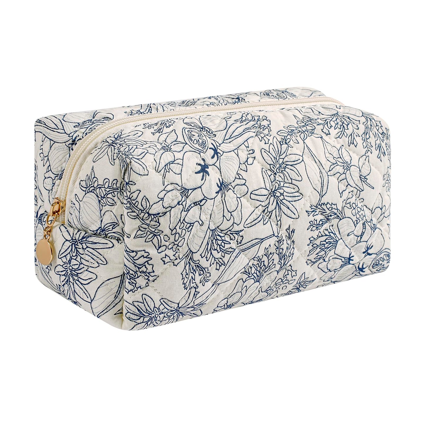HHQQWZ Makeup Bag Travel Cosmetic Bag for Women Girls, Zipper Make Up Pouch, Floral Flowers Toiletry Organizer Makeup, Portable Storage Bag, Cosmetic Travel Cloth Bag (Navy Blue Flower)