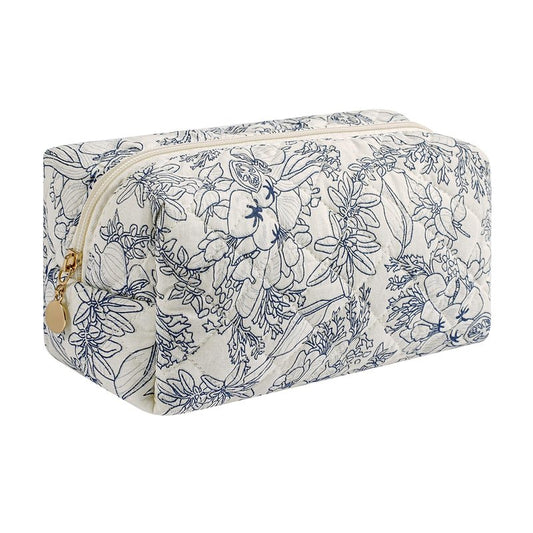 HHQQWZ Makeup Bag Travel Cosmetic Bag for Women Girls, Zipper Make Up Pouch, Floral Flowers Toiletry Organizer Makeup, Portable Storage Bag, Cosmetic Travel Cloth Bag (Navy Blue Flower)