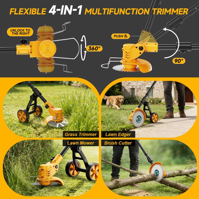 Electric Weed Wacker Cordless with Wheels,Electric Weed Eater Battery Powered 4000mAh,4 in 1 Grass Trimmer/Brush Cutter/Grass Edger/Lawn Mower,No String Trimmer with Blade, 2 Battery (Black Yellow)