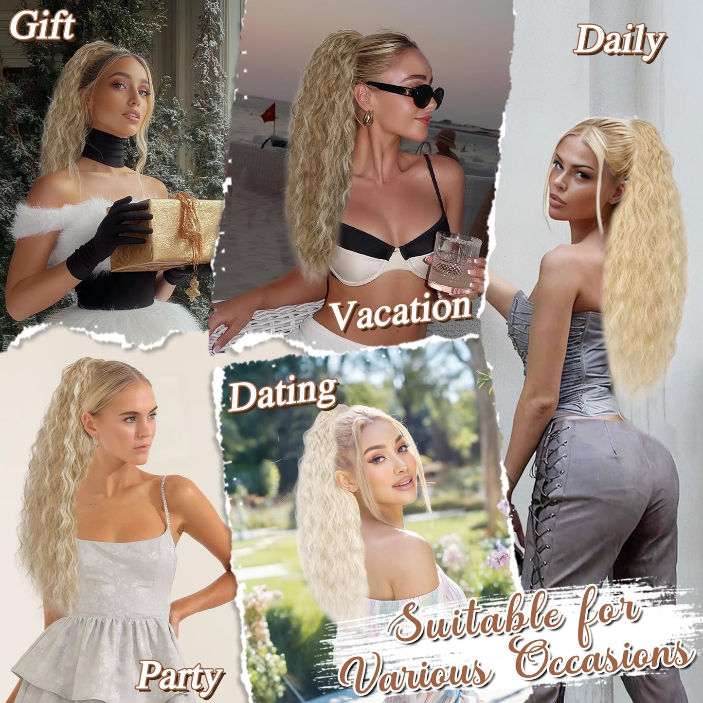 BARSDAR Curly Wavy Drawstring Highlight Ponytail Extension – 22 Inch Synthetic Comb Clip in Ponytail Hairpieces for Women, Voluminous Natural Looking Bohemian Ponytail - Brown with Highlights