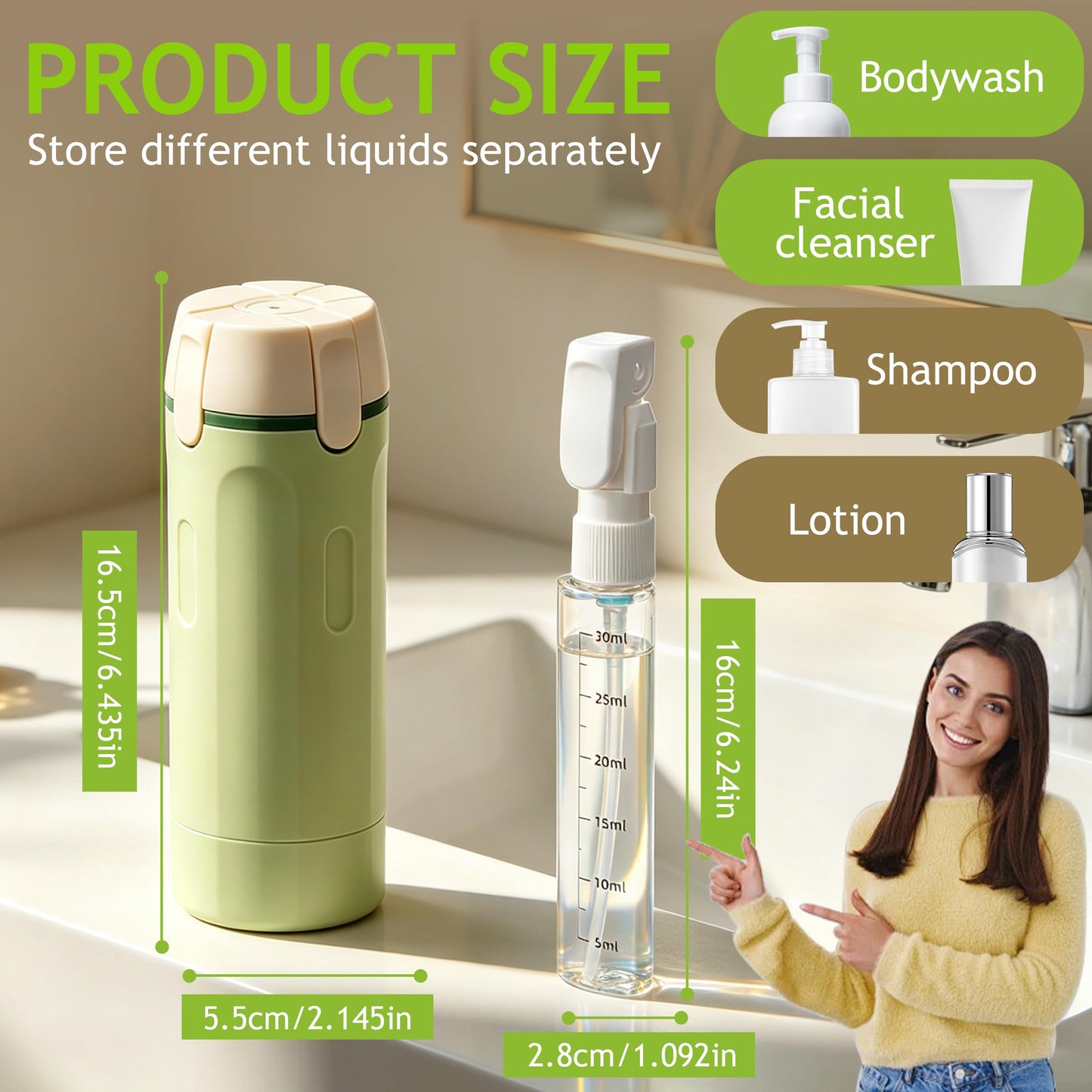 4 in 1 Travel Dispenser Bottle, 4 Pack 30ml Portable Leakproof Rotatable Travel Dispenser Set with Label, Suitable for Storing Shower Gel, Shampoo, Laundry Detergent, for Travel, Camping (Green)