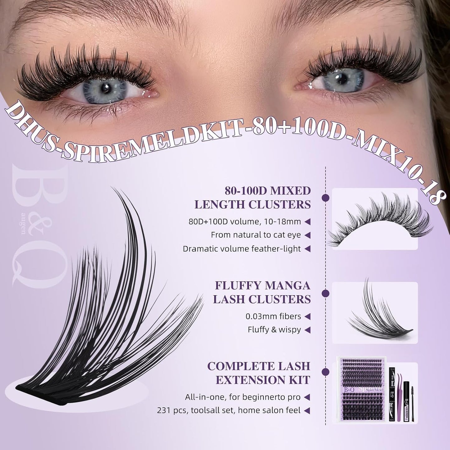 Fluffy Lash Clusters Kit - 0.03mm Ultra-Fine Manga Eyelash Extensions | Mixed Length 10-18mm for Voluminous Look