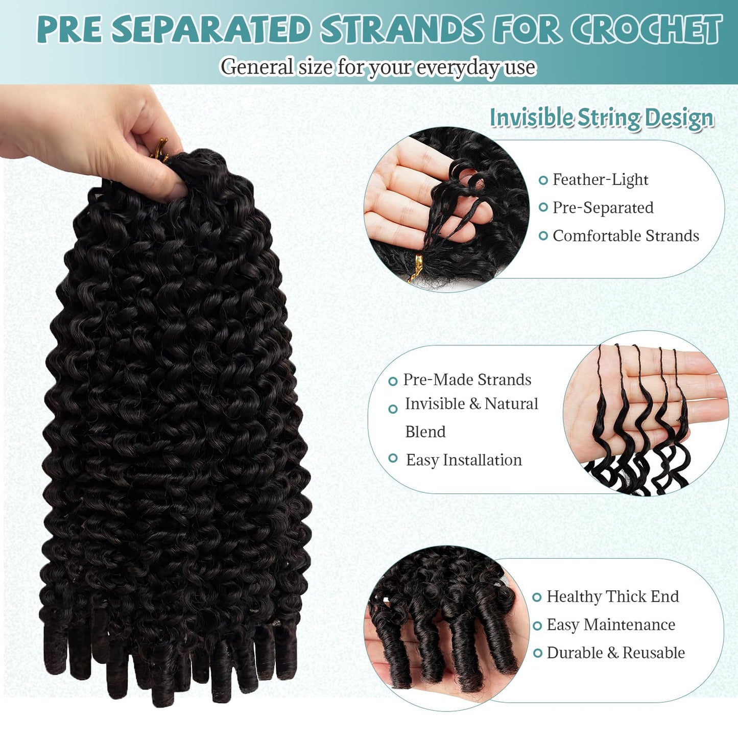 Burmese Curly Crochet Human Hair 18 Inch 60g Knotless Pre-Separated Feather Miracle Knots Human Crochet Hair 3C4A Lightweight Reusable Remy Hair Extensions for Women Natural Black Color