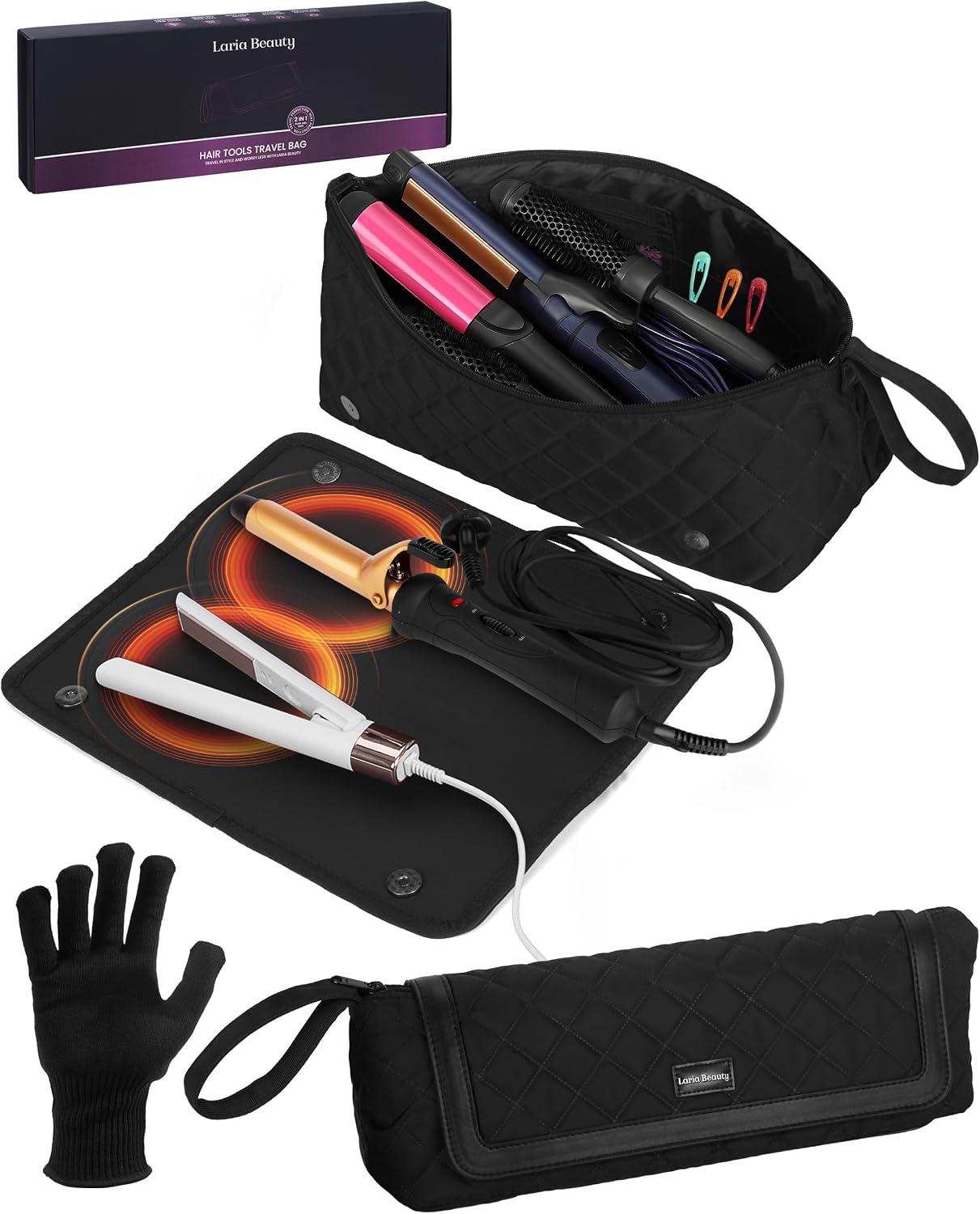 2-in-1 Hot Hair Tools Travel Bag - Heat-Resistant Silicone Mat, Clear Pockets for Accessories | Ideal for Curling & Flat Irons