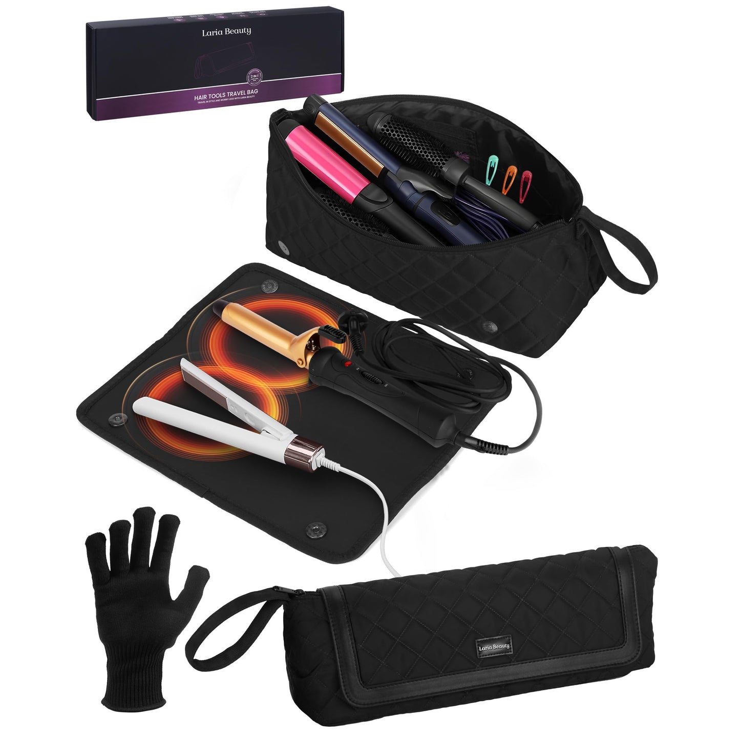 2-in-1 Hot Hair Tools Travel Bag, Removable Heat-Resistant Silicone Mat, Clear Pockets for Accessories, Protects Surfaces from Burns, Ideal for Curling & Flat Irons, Includes Heat-Resistant Glove