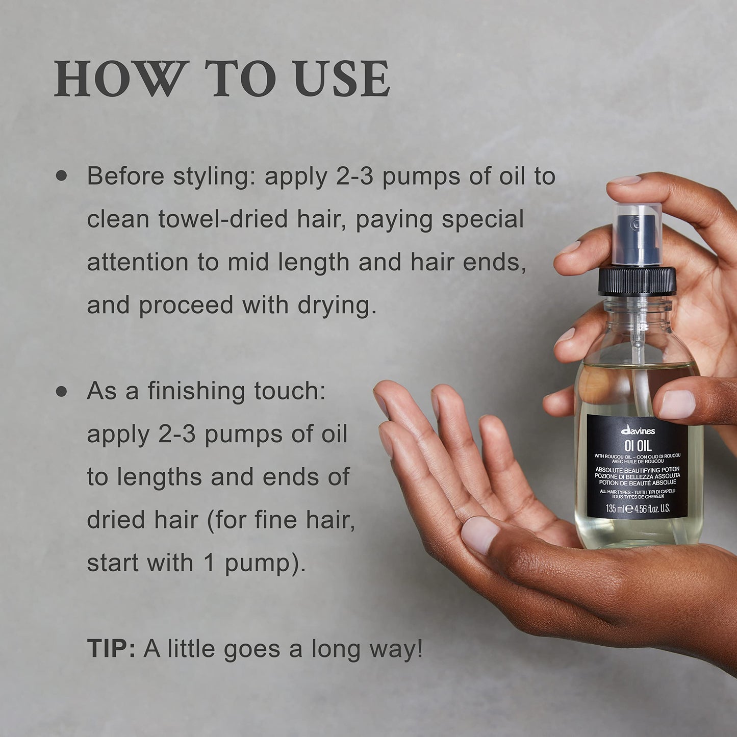 Davines OI Oil, Multi-Function Potion for All Hair Types - Weightless Anti-Frizz & Shine-Enhancing Serum with Roucou Oil - Detangles & Replenishes Moisture Hydrating Treatment, 4.56 Fl Oz