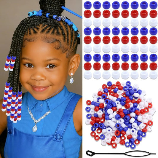 NAISKA 200PCS Red Blue White Pony Beads 4th of July Beads for Hair Small Flat Braids Beads Memorial Decorations 3 Colors Hair Accessories for Kids Girls Boys