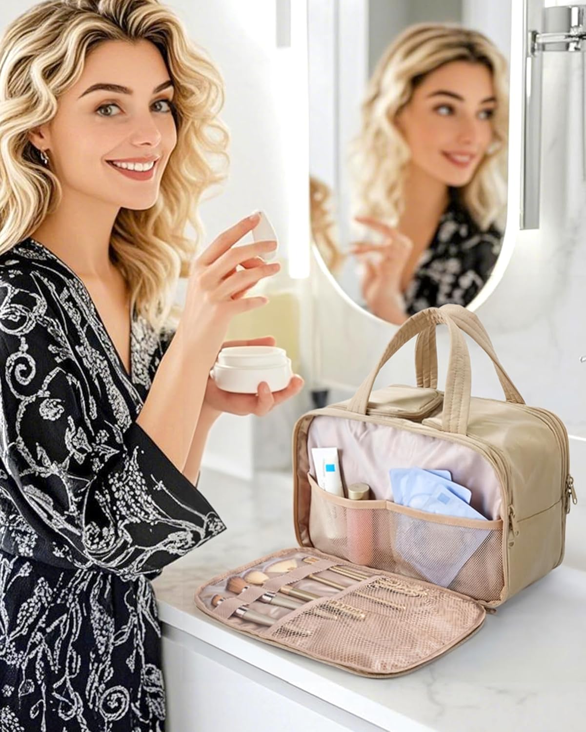 Travel Toiletry Bag - Large Lightweight Cosmetic Organizer for Women | Grayish Brown