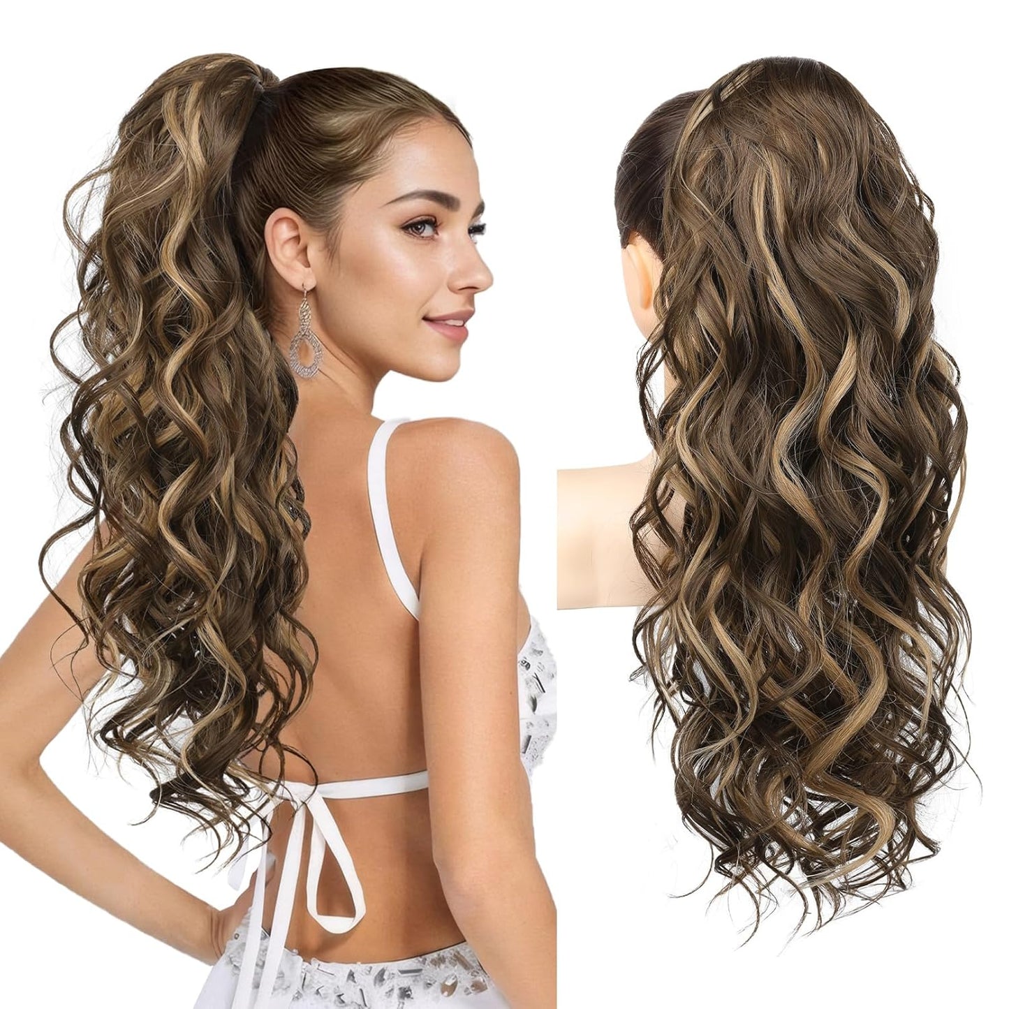 24-Inch Curly Ponytail Extension - Natural Synthetic Hairpiece for Women | Chocolate Brown with Highlights