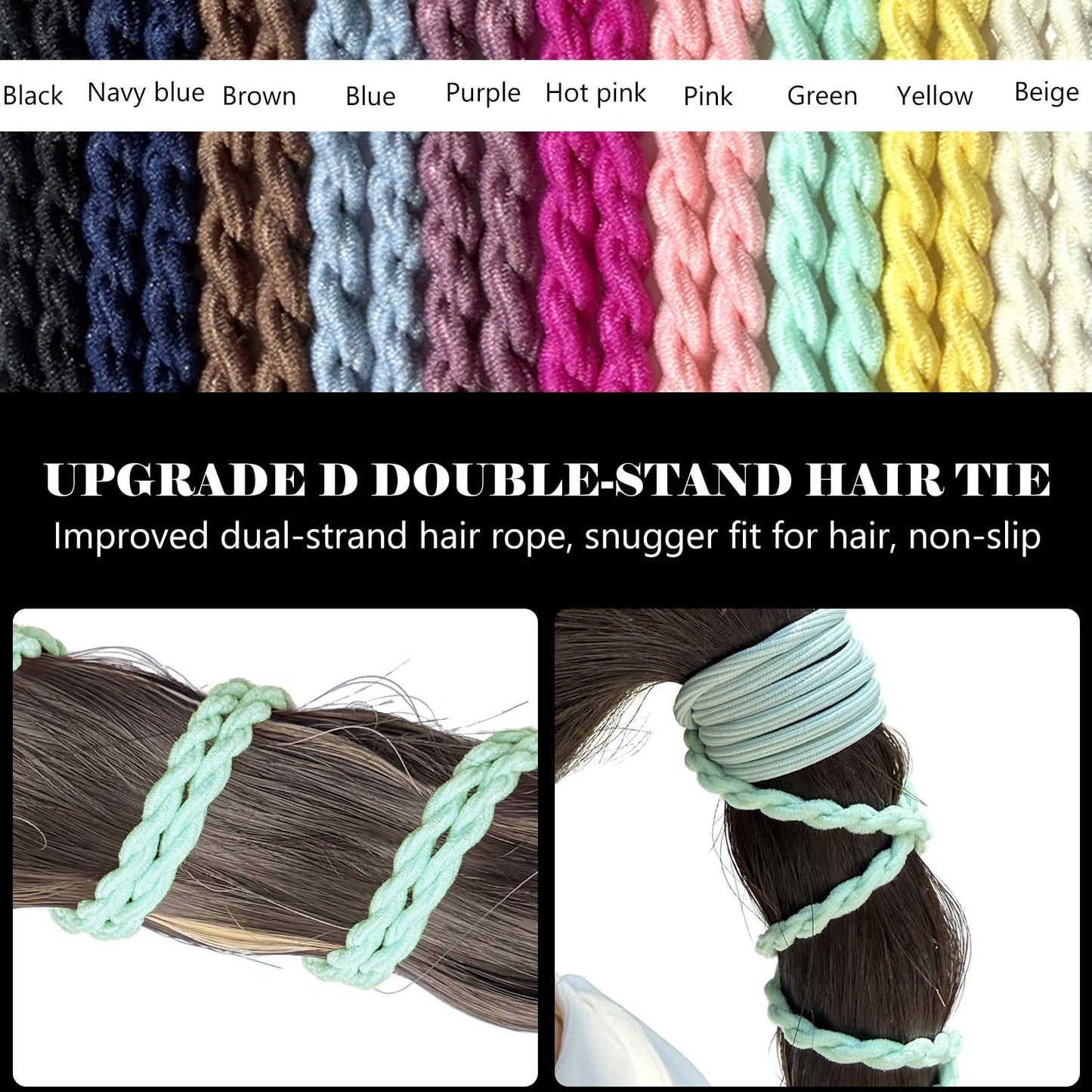 Hair Ties No Damage for Women with 2 Braids, 25" 3 Packs Elastic Ponytail Holders for Thick & Long Hair Cute Sport Pony Tail Wrap Tie Accessories for Running,Workout,Swim,Dive(Blue/Beige/Navy Blue)