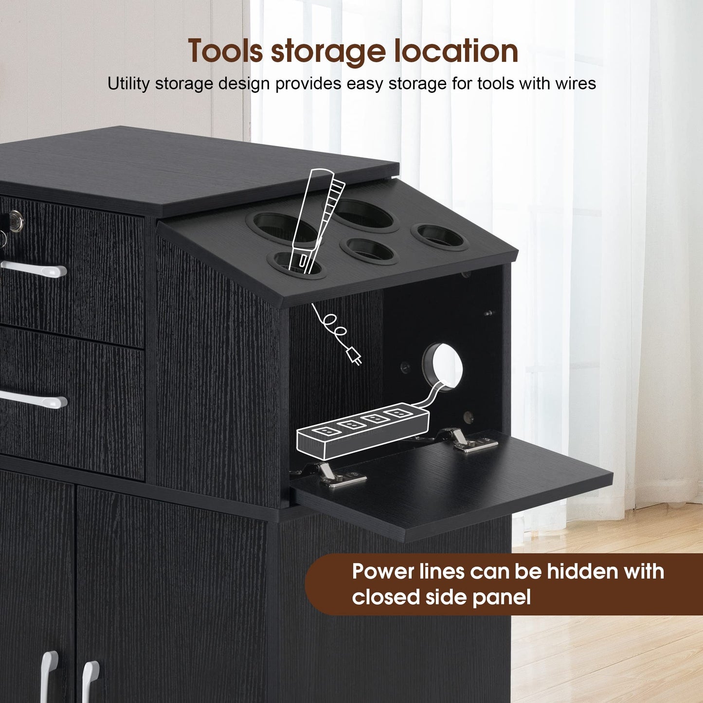 BarberPub Locking Barber Station with 2 Drawers Cabinet Beauty Salon Storage Equipment with Holders for Hair Stylist Spa 2005 (Black)