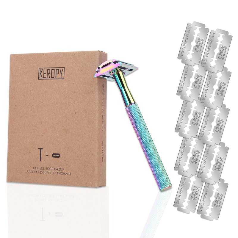 Keropy Safety Razor For Man With 10 Premium Stainless Steel Razor Blade Reusable Single Blade Razors For Men and Women, Double Edge Razor, Rainbow