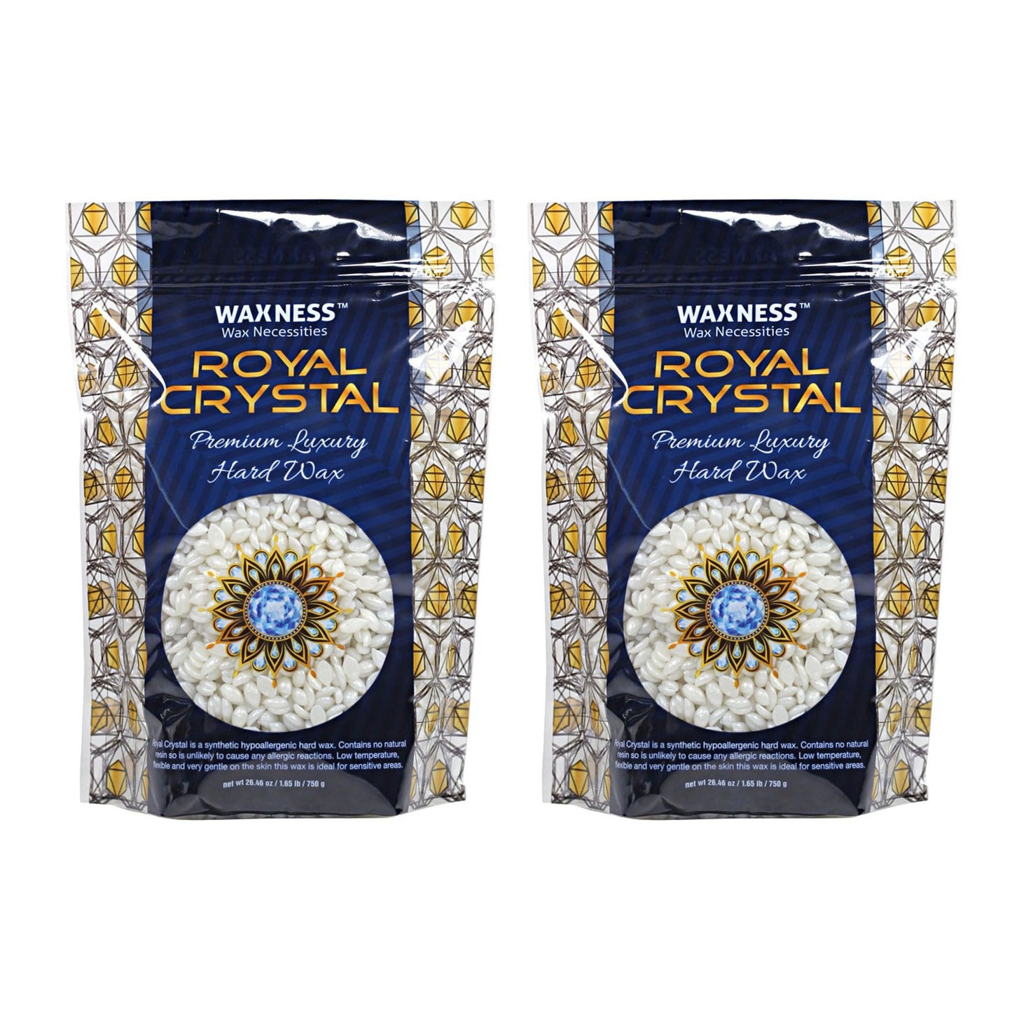 Waxness Royal Crystal Hard Wax Beads 1.65 lb (750 g) Pack of 2 – Stripless Professional Hard Wax for Face & Body, Smooth Application, Suitable for Sensitive Skin – Made in Italy
