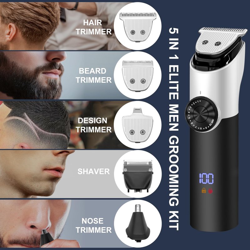 G4S3 5 in 1 Hair Clippers, Adjustable Beard Trimmer for Men Professional, Cordless Barber Clippers and Trimmers Set, Hair Cutting Kit with LCD Display, Shaving Kit for Nose, Body, Face and Mustache