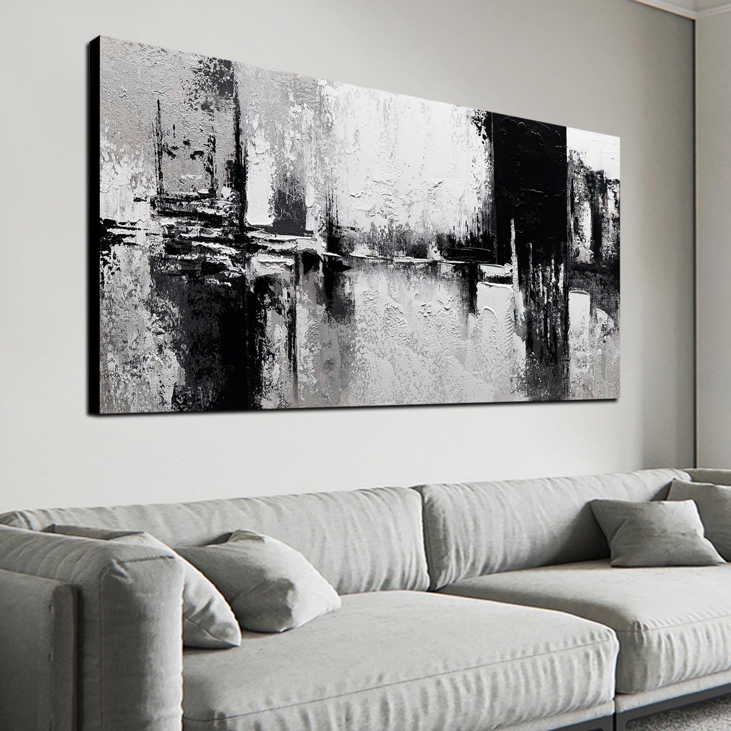 Trogonup Black and White Abstract Wall Art for Living Room Textured Canvas Painting Large Minimalist Modern Artwork for Bedroom Office Home Decor Ready to Hang 24"x48"