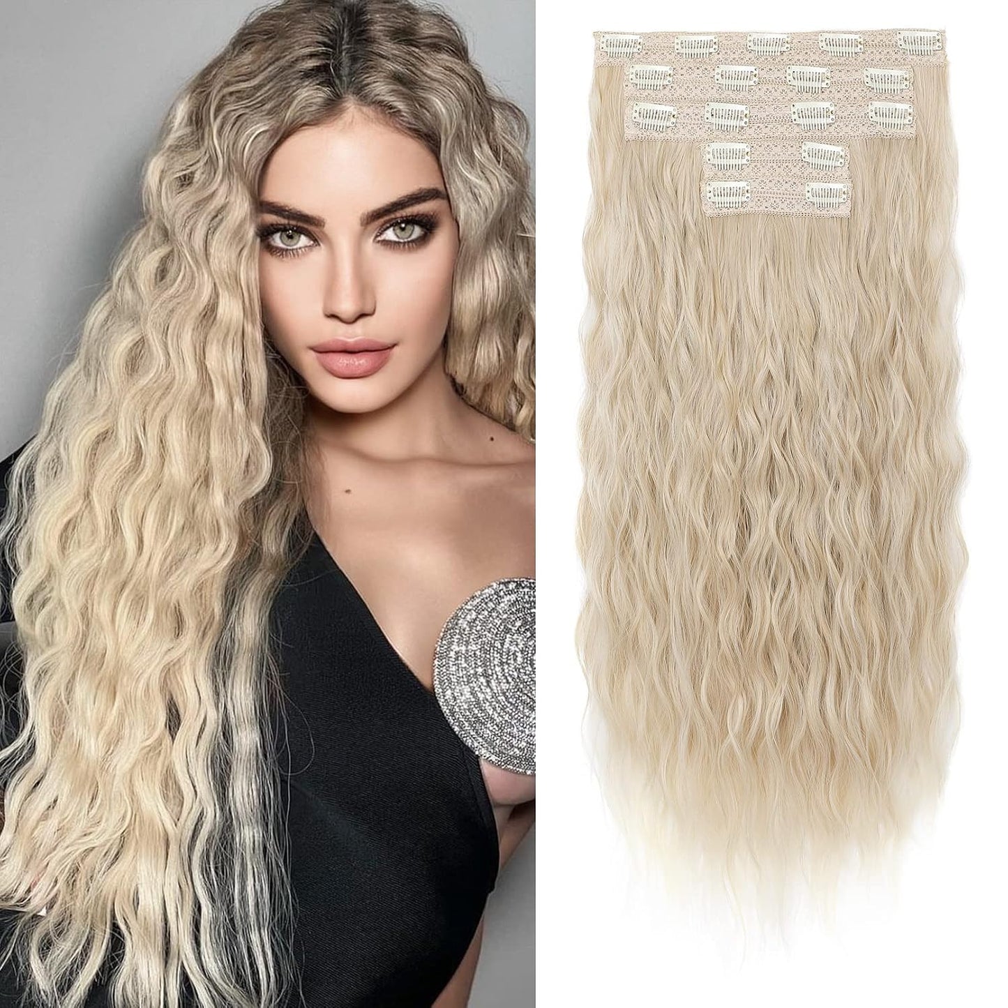 Clip In Hair Extensions - 24" Thick Long Loose Waves | Invisible Lace Weft, Natural Soft Hairpieces - Chocolate Brown with Blonde Highlights