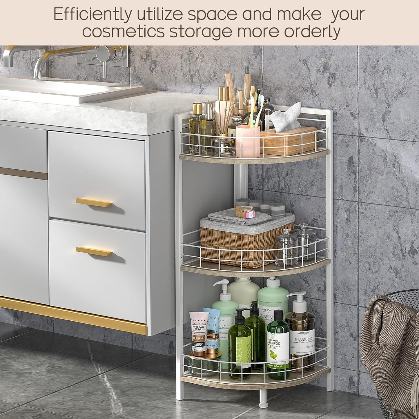 Bathroom Standing Shelf - 3 Tier Free-Standing Storage Unit | Triangular Curved Corner Design for Small Spaces