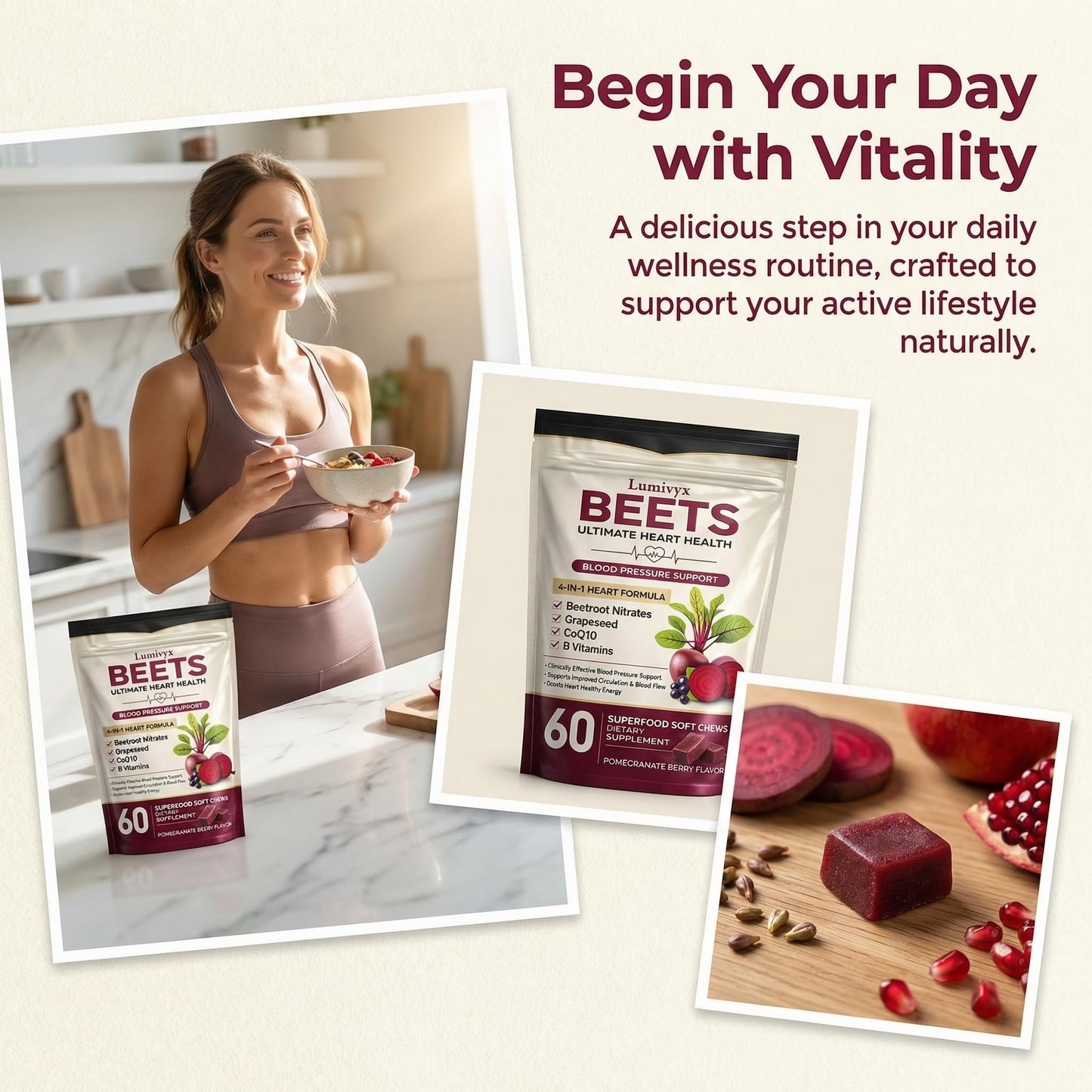 Jqewlg Lumivyx Beet Chews - Beetroot with Grape Seed Extract & CoQ10, Nitric Oxide Support Formula for Circulation & Daily Energy, Pomegranate Berry Flavor, Non-GMO, Gelatin-Free - 60 Chews