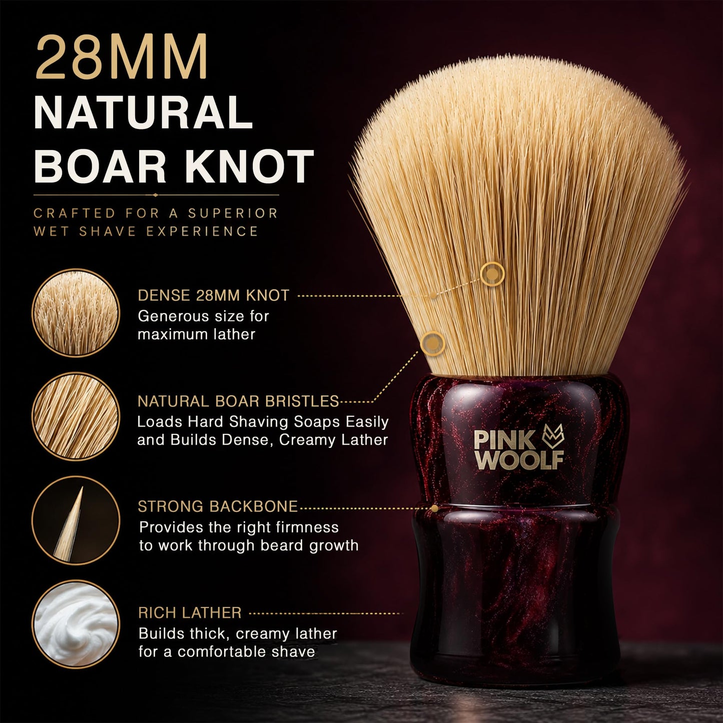 Pink Woolf Boar Shaving Brush for Men – 28mm Natural Boar Bristles, Dense Wet Shave Brush for Rich Lather, Premium Maroon Handle, Soft Face Feel for Shaving Soap & Cream