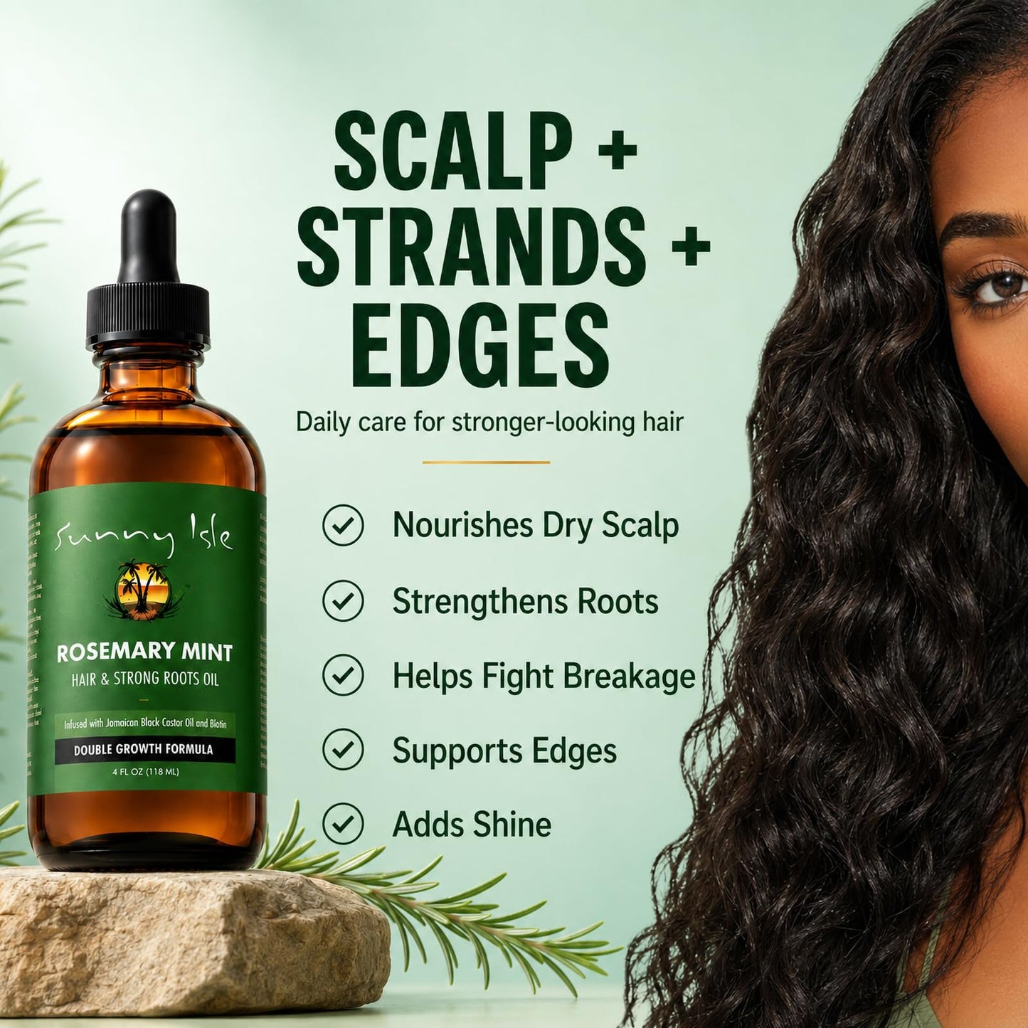Sunny Isle Rosemary Mint Hair & Strong Roots Oil 4oz, Jamaican Black Castor Oil & Biotin, Double Growth Formula, Strengthening, Dry Scalp, Edges, Breakage & Protective Styles