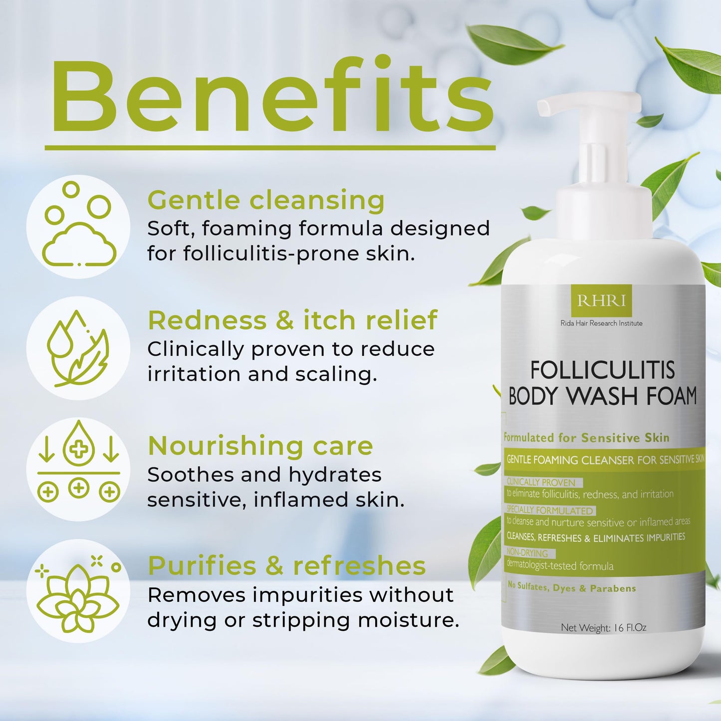Folliculitis Treatment Folliculitis Body Wash Sensitive Skin | Foaming Cleanser for Redness & Irritation with No Sulfates, Dyes or Parabens | Body Wash Includes Bonus Scrubber Brush