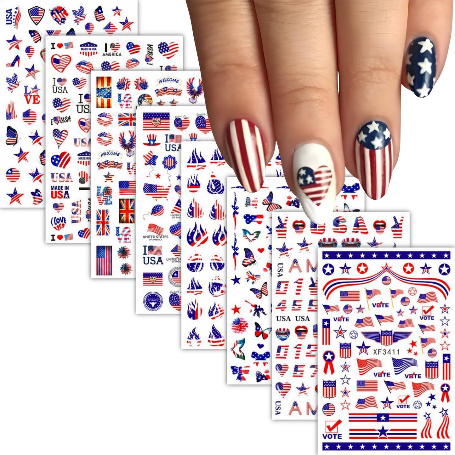 8 Sheet 4th of July Nails Art Stickers American Independence Day Nail Stickers 3D Self-Adhesive Nail Decals Heart Balloon Design American Flag Nails Supplies for Women Manicure