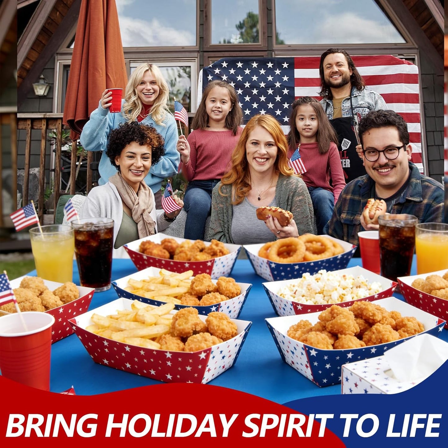 Disposable Paper Serving Trays - 30 Pack Red, White & Blue Star Design for Popcorn, Snacks | Perfect for 4th of July, BBQs & Picnics
