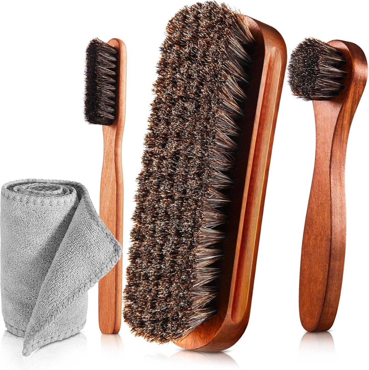 Horsehair Shoe Brush Kit - 4 Pcs Leather & Suede Cleaning Brushes with Microfiber Gloves | Shoe Care Essentials