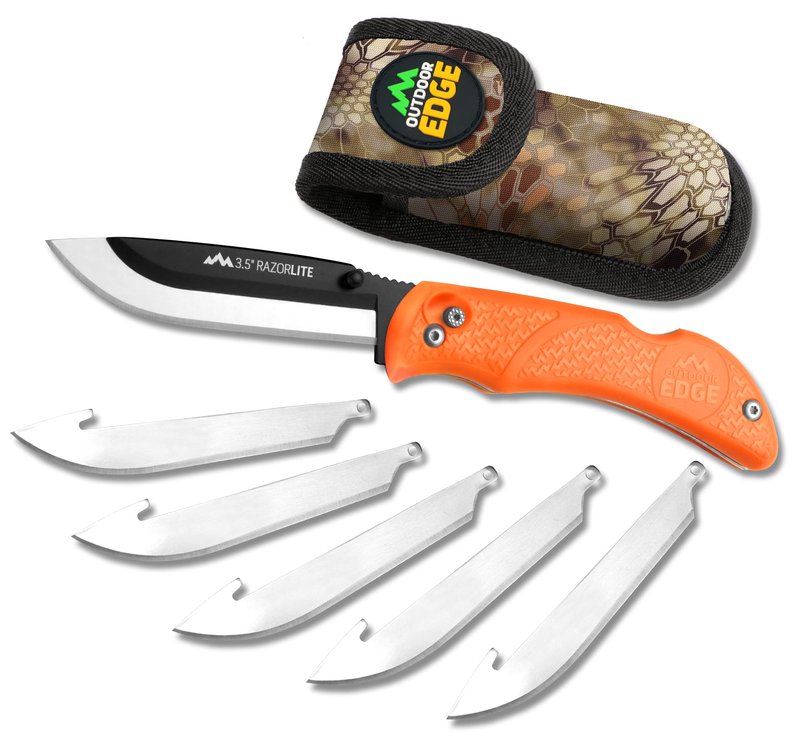 OUTDOOR EDGE Razor-Lite Folding Hunting Knife – 3.5″ Replaceable Razor Blades, Non-Slip Rubber Handle, Lock-Back Safety, Includes 6 Blades and Nylon Sheath