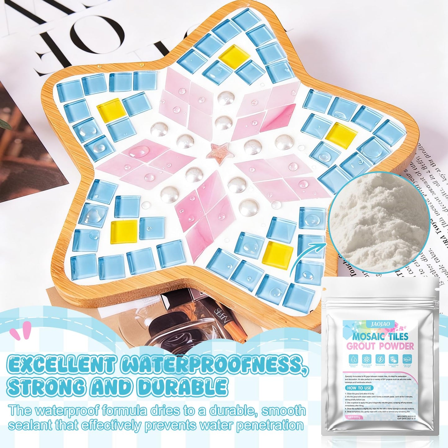 JAOJAO 10.6Oz Mosaic Grout Powder Mosaic Grout for Crafts White Unsanded Ceramic Tile Grout Essential for Handmade Grouting Use to Handmade Coasters, Candlesticks, Pen Holders, Vases