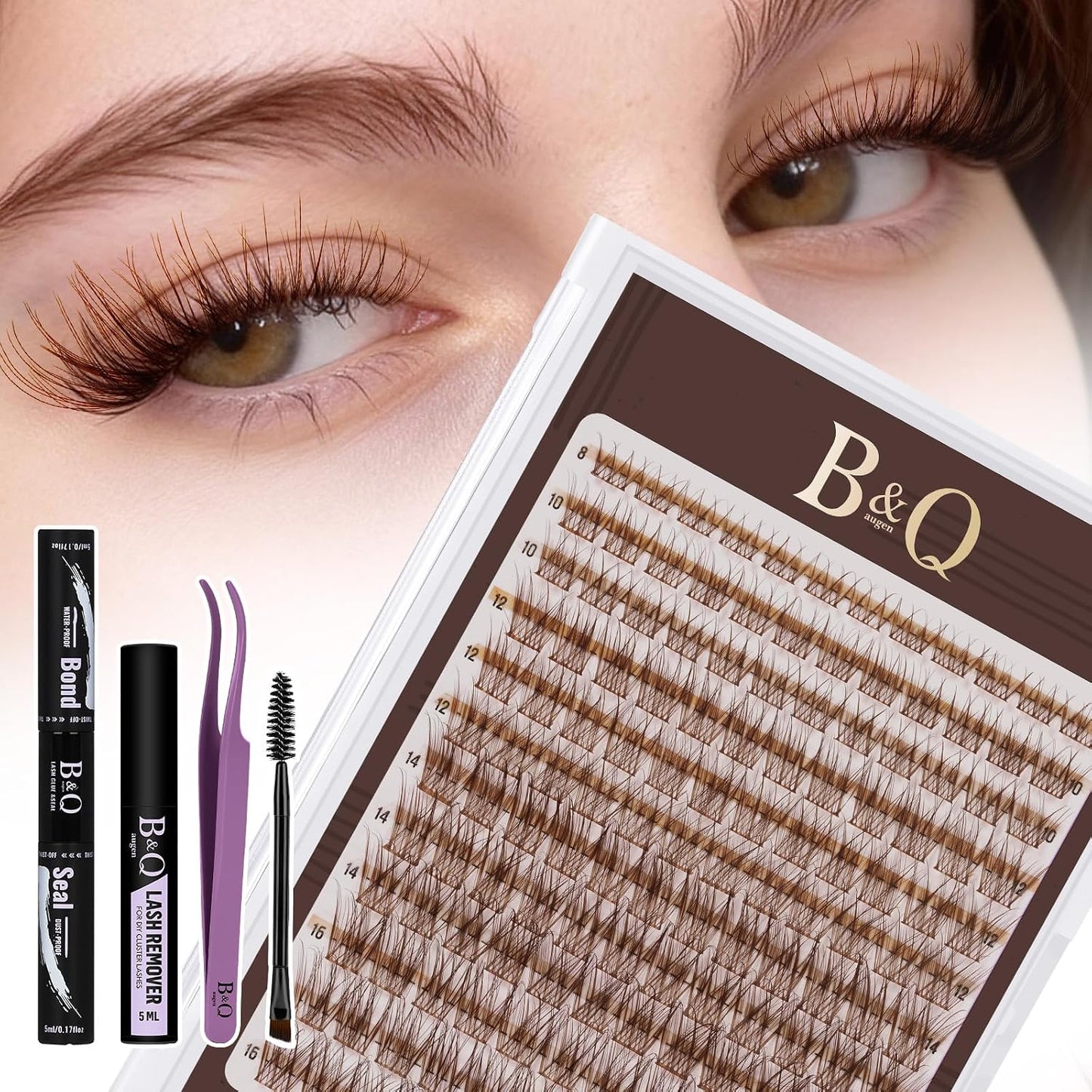 Eyelash Extension Kit - 10-18mm D Curl Lash Clusters with Bottom Lashes | DIY Bond & Seal Applicator