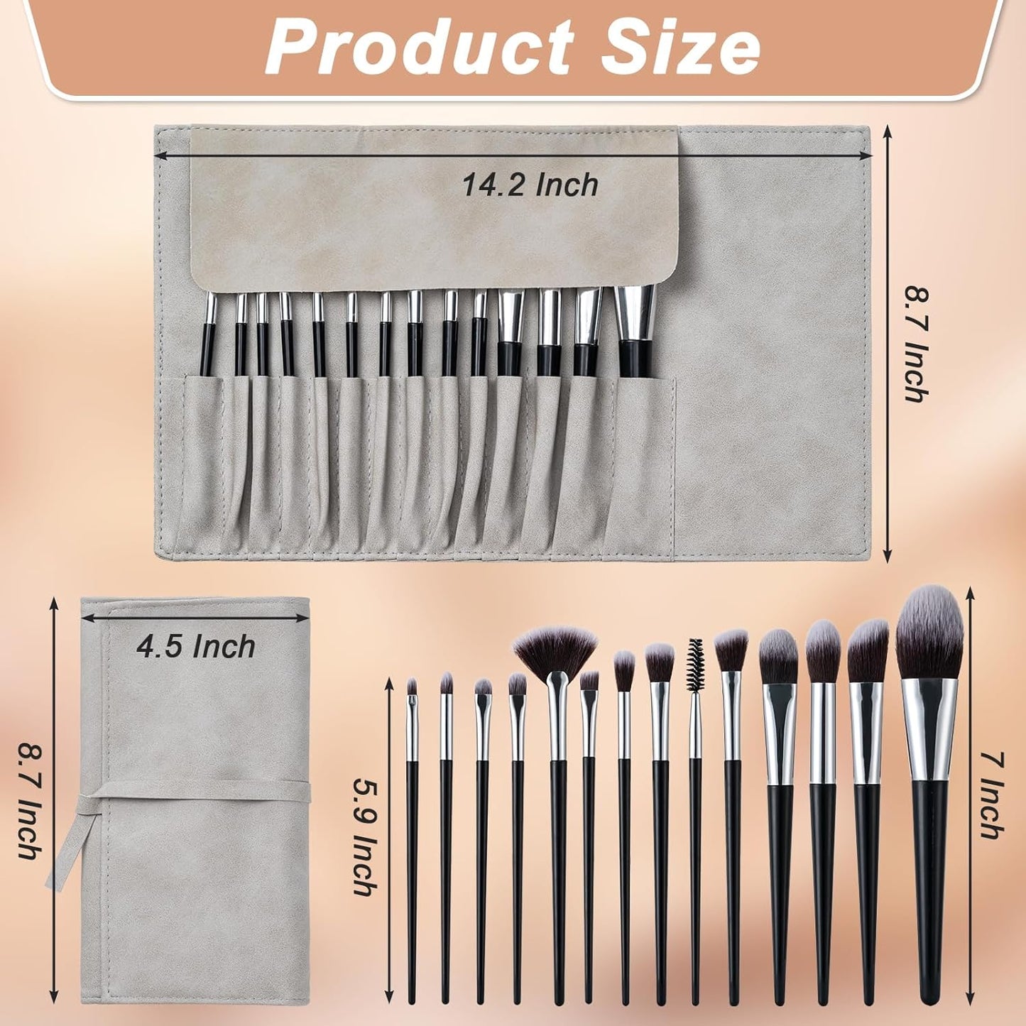 Professional Makeup Brush Set - 14 Pcs Eye & Face Brushes with PU Bag | Black
