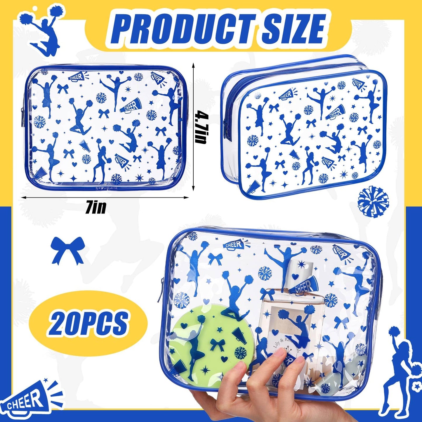 Shinylin 20 Pcs Cheer PVC Makeup Bag Cheer Teams Gifts Clear Makeup Case Cheerleader Teams Gifts Toiletry Zipper Pouch for Cheerleading Teammates Party Supplies,7.9 x 5.9 x 2.4''(Blue)