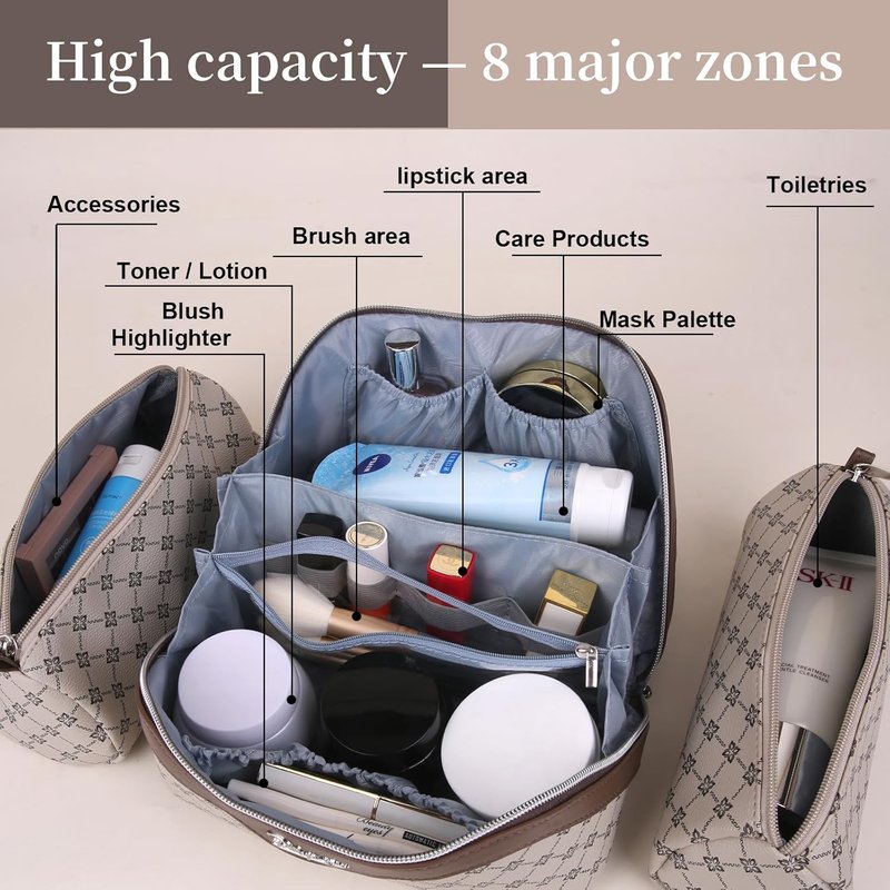 Travel Makeup Bag Set - Large Capacity Vegan Leather Cosmetic Organizer with Handle | 3 Pcs Khaki