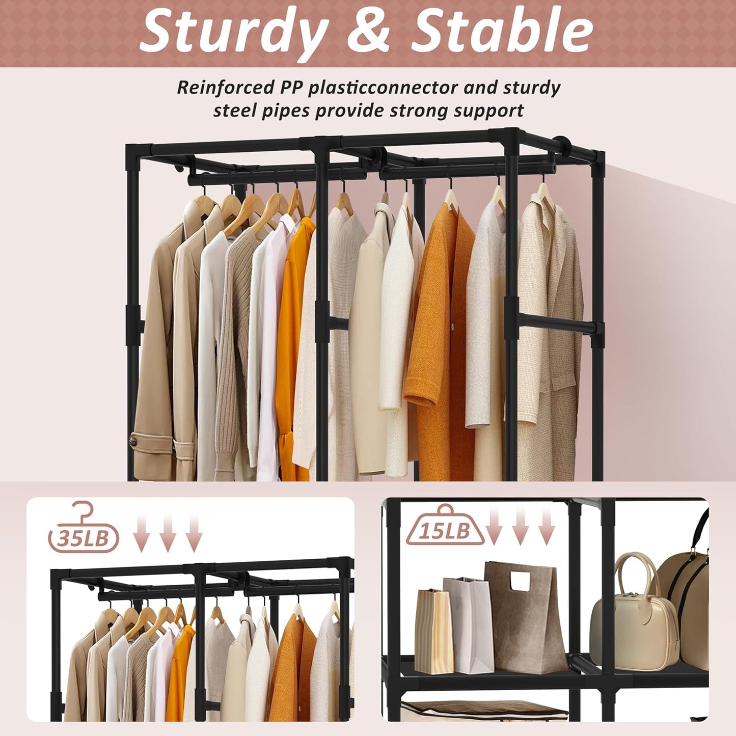 Portable Wardrobe Closet - Easy Assembly Black Clothes Rack with 2 Hanging Rods | 4 Shelves & 8 Pockets for Bedroom or Dorm