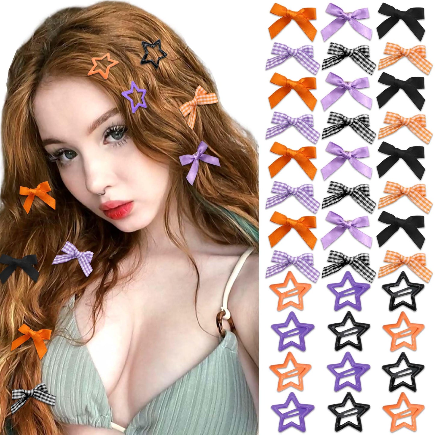 STGDAK 36 Pcs Easter Hair Bows Mini Star Clip Black Purple Orange Bow For Girls Ribbon Bow Barrette Checkered Star Clips Y2k Gothic Clip Cute Easter Hair Accessories For Girl Gift Toddler Party Decor