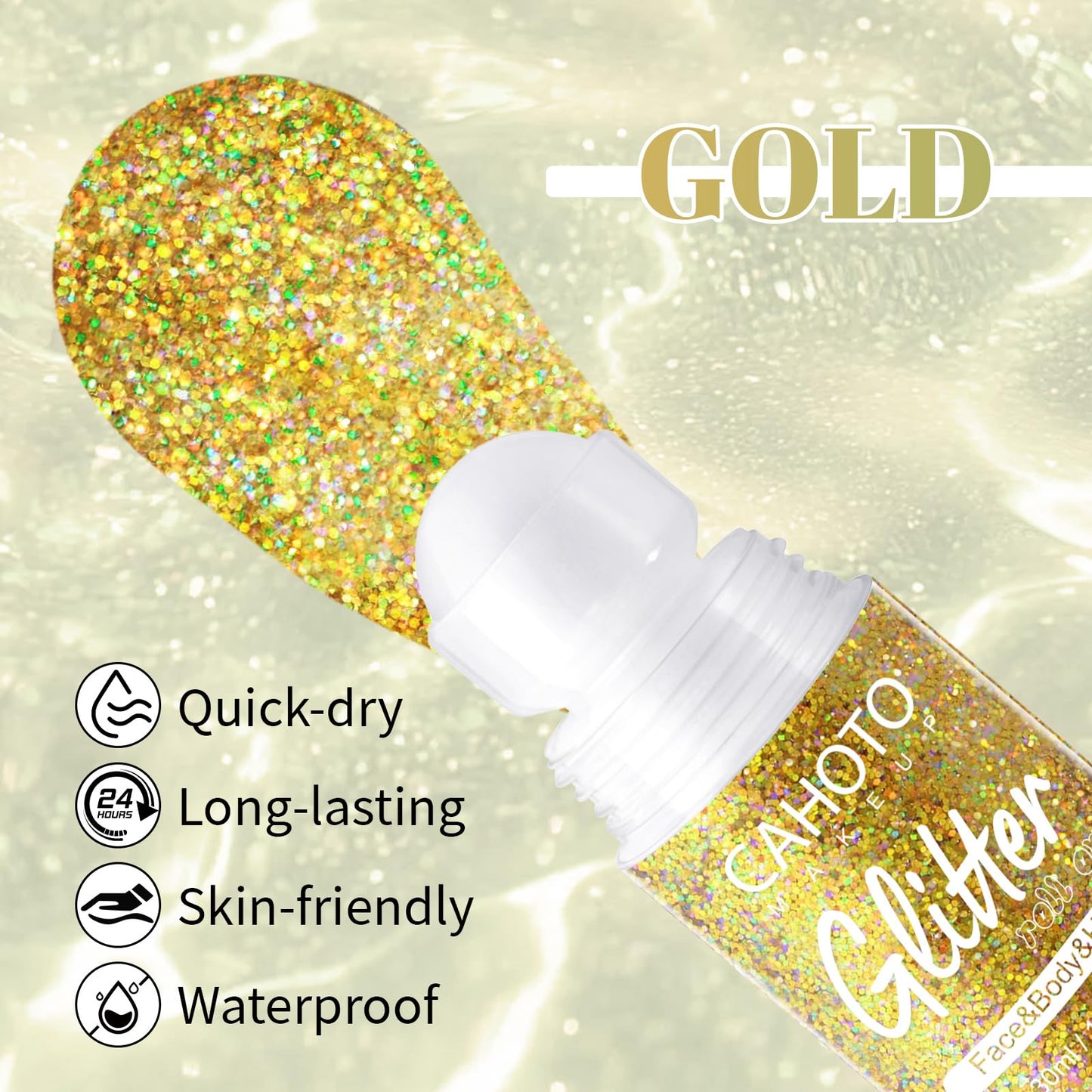 CAHOTO Gold Roll-on Glitter for Face Body and Hair, Mermaid Sparkling Holographic Shimmer, Chameleon Color Rolling Sequins for Concerts Mardi Gras Rave Festival Halloween Party Carnival, 1.02fl.oz