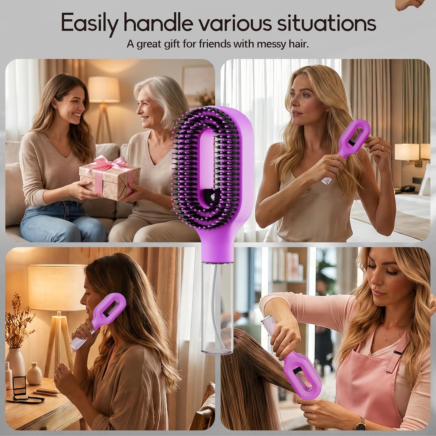 Misting Detangling Hair Brush - Continuous Spray for Curly & Wavy Hair | Frizz Control & Flyaway Smoothing, Purple