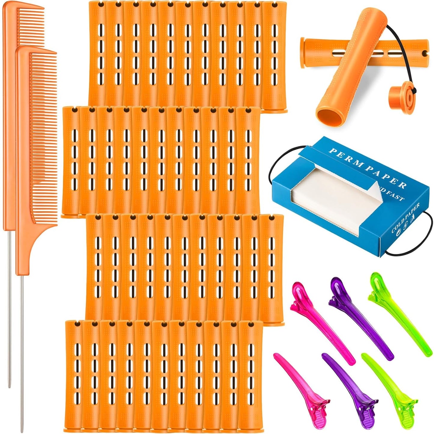 Hair Styling Kit - 48 Plastic Perm Rods, 2 Steel Pintail Combs, 350 Perm Papers, 6 Duck Bill Clips | Gray