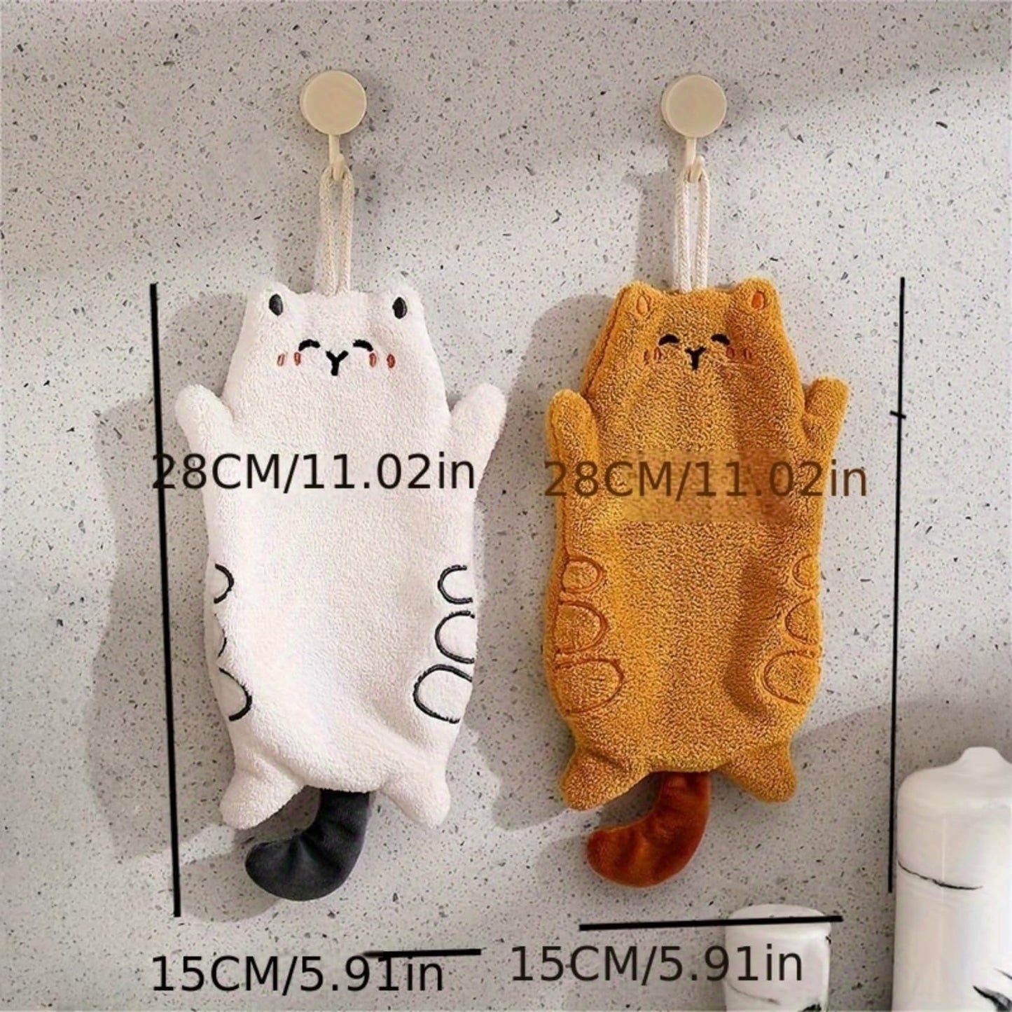 2 Pack Cute Cat Coral Fleece Hanging Hand Towel Ultra Soft Quick Dry Kitchen Bathroom Loop White Yellow Design